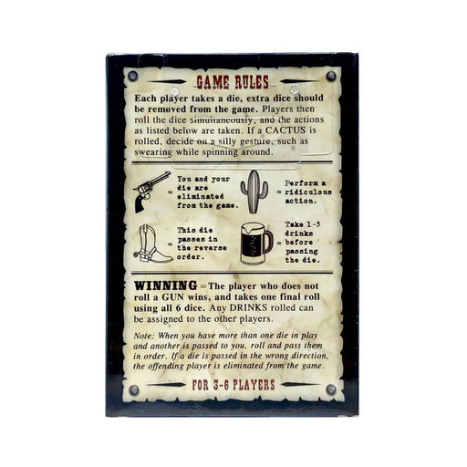 Game rules card for Bucked Up party game with instructions and icons for dice actions and winning conditions.
