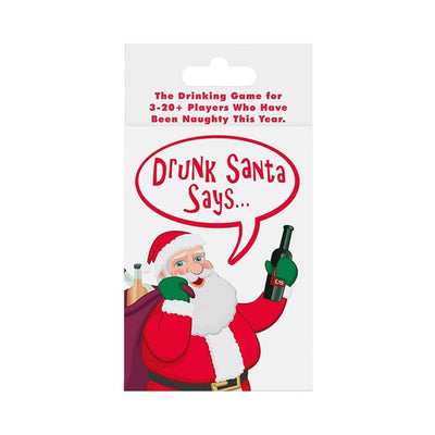Drunk Santa Says card game packaging featuring Santa holding a bottle with a speech bubble on a white background.