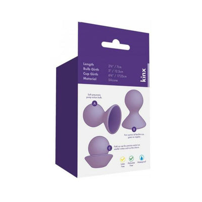 Packaging of Kinx Dual Masseuse Silicone Nip Suckers in purple with product details and illustrations of the nipple suckers.