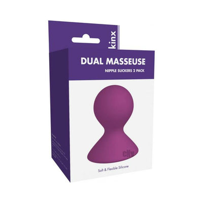 Packaging of Dual Masseuse silicone nipple suckers in purple and white box showing one purple nipple sucker.