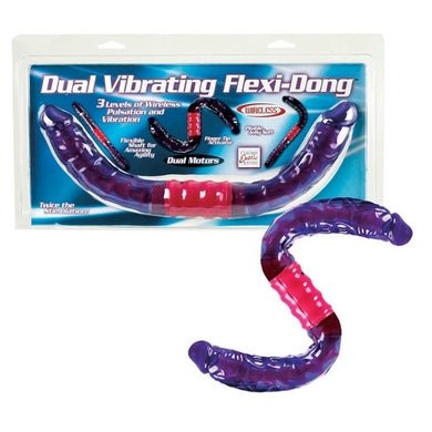 Flexible purple dual-ended vibrating toy with red adjustable middle section in retail packaging.