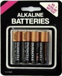 Pack of four Duracell AA alkaline batteries in black and copper packaging