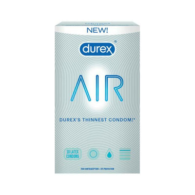 Durex Air condom pack of 10 with sleek silver and blue packaging highlighting ultra-thin latex protection.