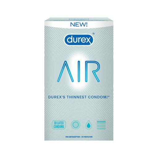 Durex Air condom pack of 10 with sleek silver and blue packaging highlighting ultra-thin latex protection.