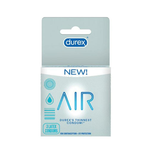 Durex Air pack of 3 ultra thin latex condoms in light blue and white packaging for contraception and STI protection.