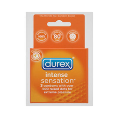 Durex Intense Sensation condom 3-pack box with orange design highlighting raised dots for enhanced pleasure.