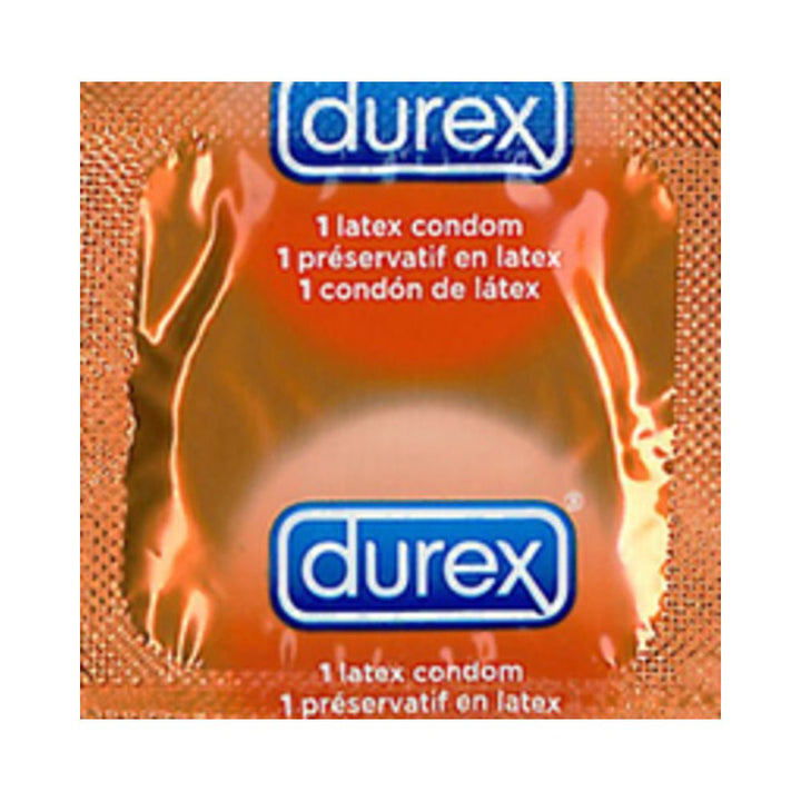 Single Durex Intense Sensation latex condom in orange foil packaging with blue logo and multilingual text.