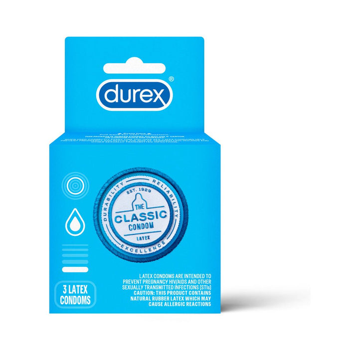 Blue box of Durex Classic 3 latex condoms with branding and product details on front.