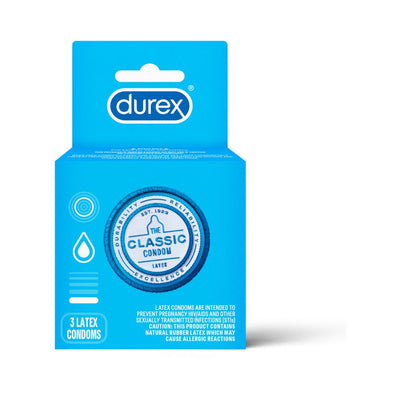 Blue box of Durex Classic 3 latex condoms with branding and product details on front.