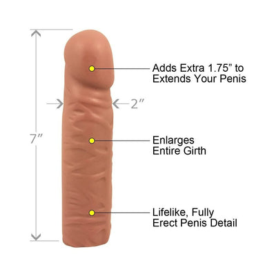 Beige strapless penis extension with lifelike texture, 7 inches long, 2 inches wide, designed to enlarge girth and add length.