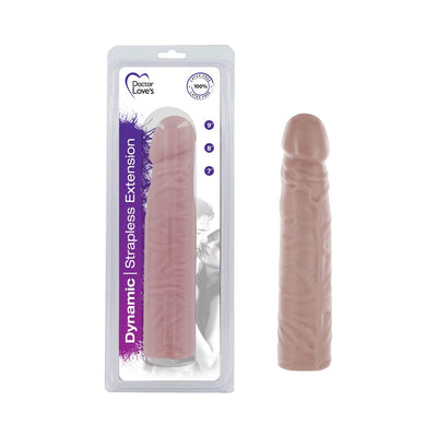 Beige 7-inch strapless penis extension with realistic texture shown in and out of clear packaging.