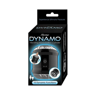 Packaging of Nasstoys Dynamo Vibrating Masturbation Cylinder in black with USB charger and 10 vibration settings shown.