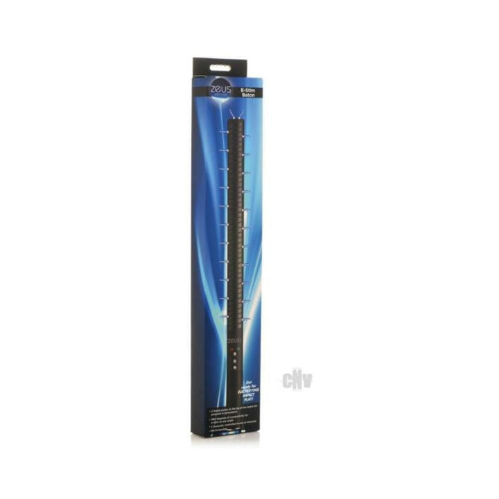 Black E-stim Baton in blue-themed packaging with product details and control buttons visible on the handle.