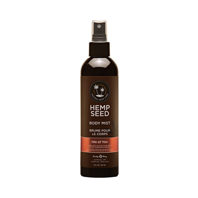 8oz dark brown spray bottle of EB Hemp Seed Body Mist Isle of You with natural hemp seed and chamomile extract label