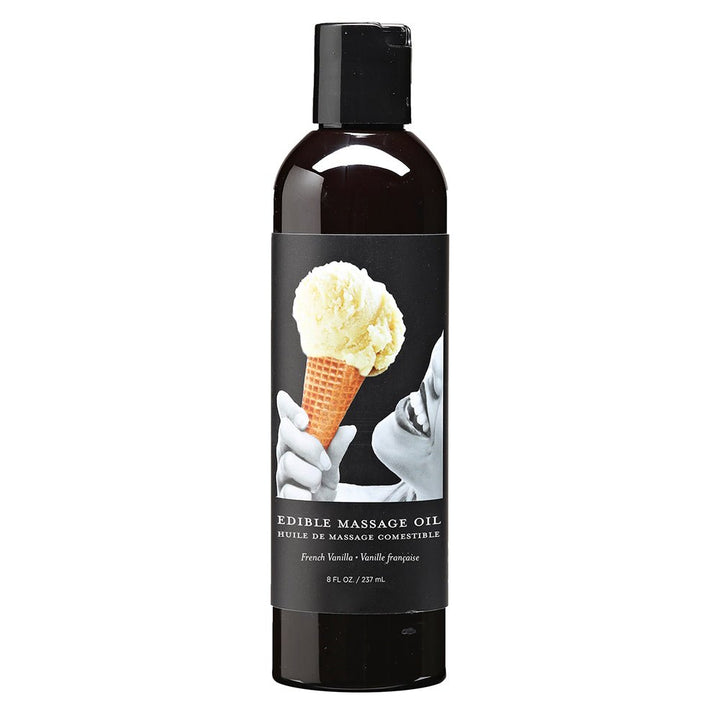 Bottle of Earthly Body Edible Massage Oil in French Vanilla flavor with black label featuring ice cream cone and smiling face.