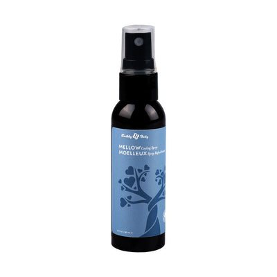 Earthly Body Hemp Seed By Night Mellow Cooling Spray in a 2 oz black bottle with blue label and tree design.
