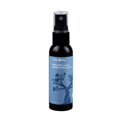 Earthly Body Hemp Seed By Night Mellow Cooling Spray in a 2 oz black bottle with blue label and tree design.