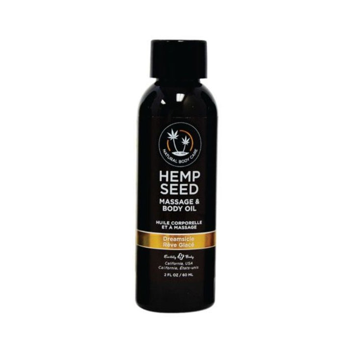 2 oz black bottle of Earthly Body Hemp Seed Massage and Body Oil in Dreamsicle scent with gold label band
