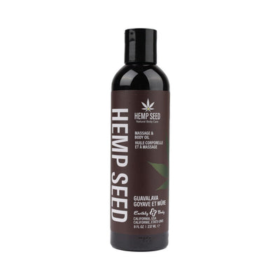 8 oz bottle of Earthly Body Hemp Seed Massage and Body Oil in Guavalava scent with dark brown label and black cap.