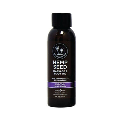 Dark amber 2oz bottle of High Tide hemp seed massage and body oil with purple label band.