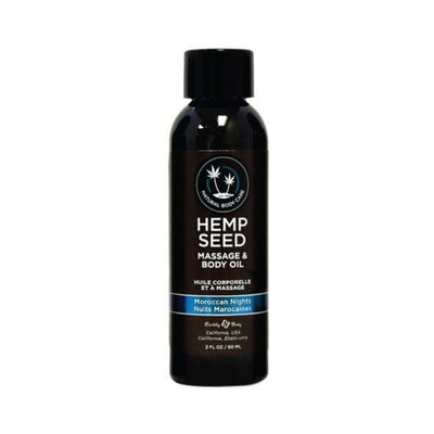 2oz bottle of Hemp Seed Massage and Body Oil in Moroccan Nights scent with black label and blue accent strip