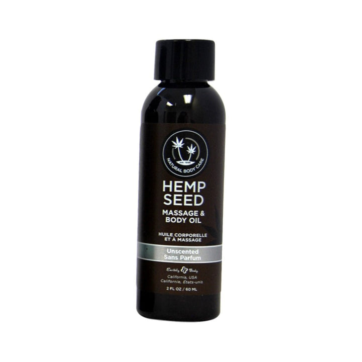 2oz bottle of unscented hemp seed massage and body oil with natural body care branding