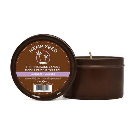 Earthly Body Suntouched Hemp Seed 3-in-1 Lavender Massage Candle in a 6 oz brown round tin with lid.