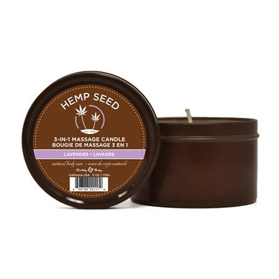 Earthly Body Suntouched Hemp Seed 3-in-1 Lavender Massage Candle in a 6 oz brown round tin with lid.