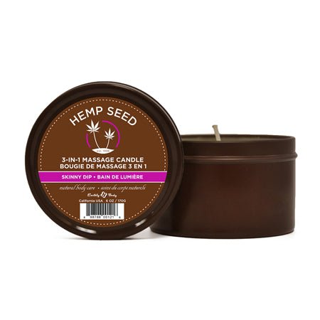 Earthly Body Suntouched Hemp Seed 3-in-1 Massage Candle in 6 oz brown round tin with Skinny Dip scent label
