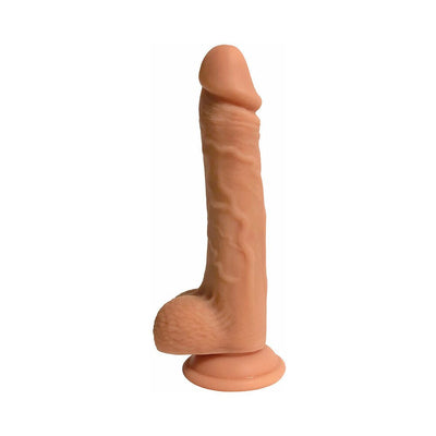 9-inch dual density silicone dong with suction base and textured balls in natural skin tone.