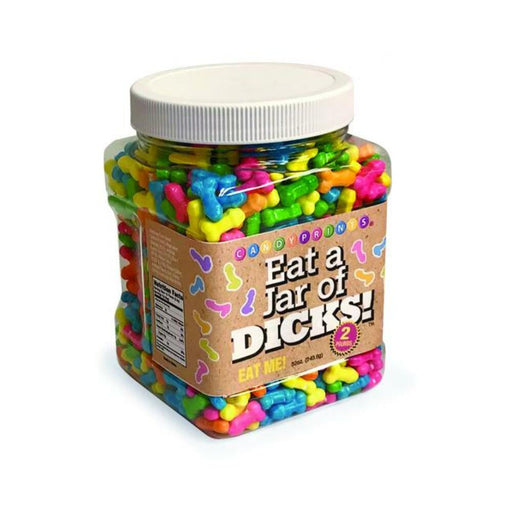 Clear jar filled with colorful fruit-flavored novelty candies in a 2 lb container labeled Eat a Jar of Dicks