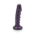 Midnight purple silicone vibrator with textured spiral design and flared base on white background.