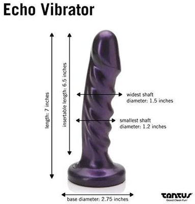 Midnight purple Echo vibrator with textured shaft, 7 inches long, 1.2 to 1.5 inch diameter, and 2.75 inch base diameter.