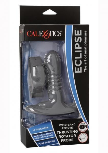 Black Eclipse wristband remote and thrusting rotator probe in retail packaging with product features highlighted.