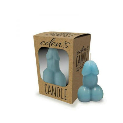Blue vanilla scented candle shaped with artistic detail, displayed next to eco-friendly packaging from Eden's Candle.