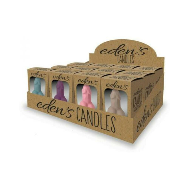 Display box of Eden's 12-piece vanilla scented penis-shaped candles in blue, eggplant, rose, and taupe colors.