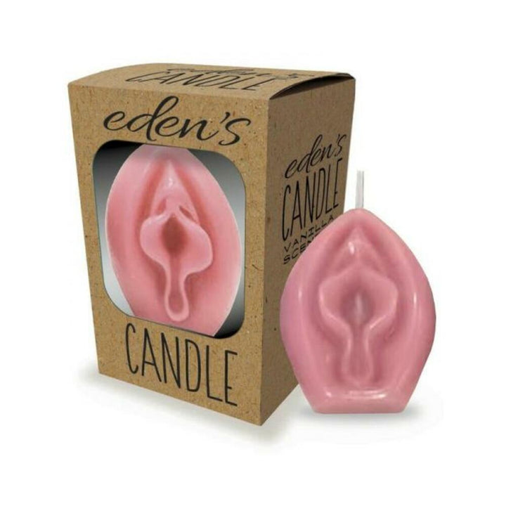 Pink vanilla-scented candle shaped like a stylized flower, displayed next to eco-friendly Eden's Candle packaging.