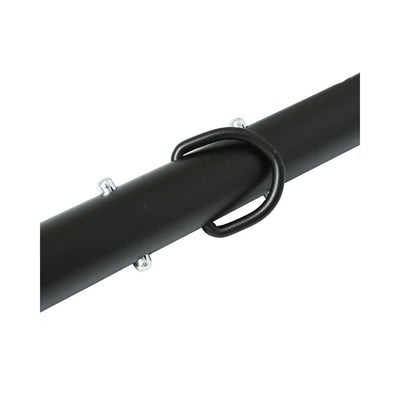Close-up of black anodized aluminum adjustable spreader bar with metal attachment points and central D-ring.