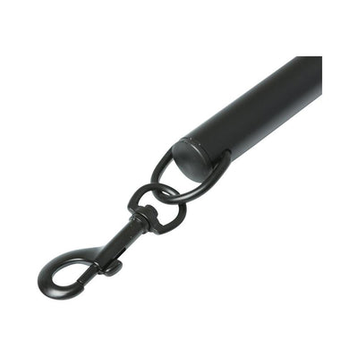 Close-up of black anodized aluminum adjustable spreader bar with metal swivel clip attachment.