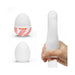 Tenga Egg Tube disposable stroker with stretchable sleeve shown in closed and open views, including hand demonstrating flexibility.