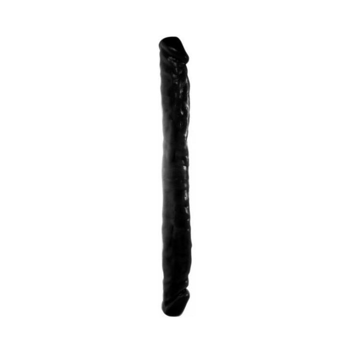 Black double-ended dildo with realistic texture and veining, 18 inches long, flexible and waterproof design.