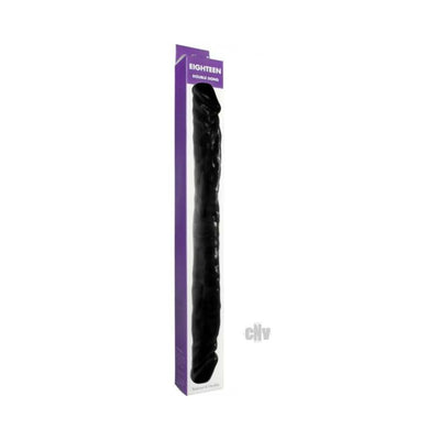 Black double-ended dildo with realistic texture displayed in tall purple and white packaging.