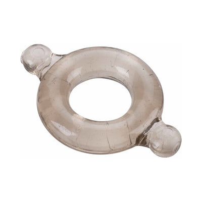 Transparent elastomer cock ring with two rounded knobs on a white background.