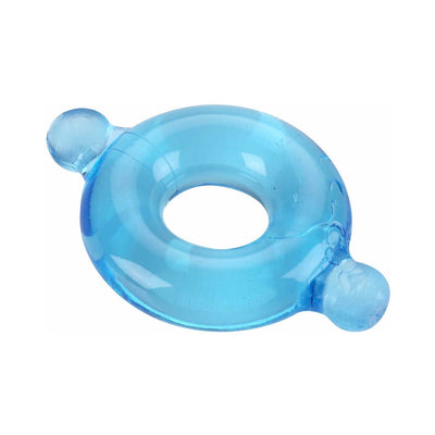 Blue translucent elastomer ring with two rounded knobs on opposite sides, designed for intimate use.