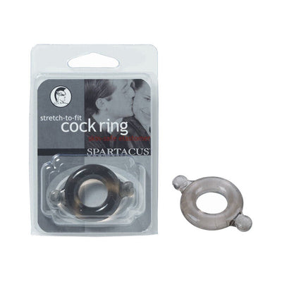 Black elastomer stretch-to-fit cock ring with textured nubs shown in packaging and separately on white background.