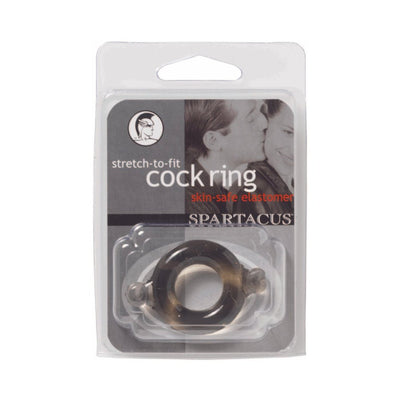 Black stretch-to-fit elastomer cock ring in clear retail packaging with branding and product information.
