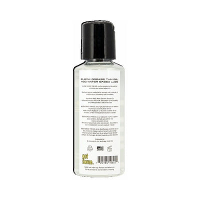 Clear 2.4 oz bottle of Elbow Grease H2O Thin Gel water-based lubricant with black flip cap and product label on white background.