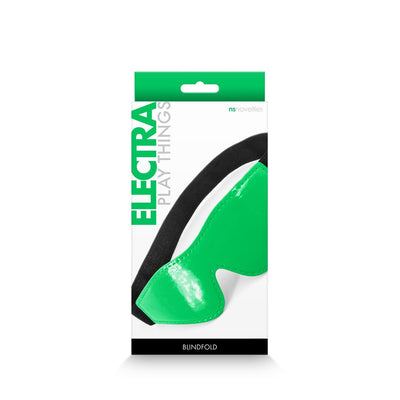 Green Electra blindfold with black elastic strap in white and green NS Novelties packaging.