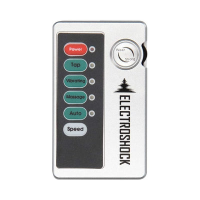 Silver Electroshock remote control with power, tap, vibrating, massage, auto, and speed buttons and intensity dial.