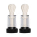 Pair of white and transparent electro nipple twisters with black bases, designed for adjustable suction and stimulation.